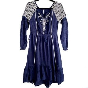 Free People Long Sleeve Embroidered Split Neck Dress with Tassels, Navy Blue, S